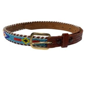 Vintage Genuine Cowhide Hand Beaded & Laced Aztec Tooled Leather Belt Size 24